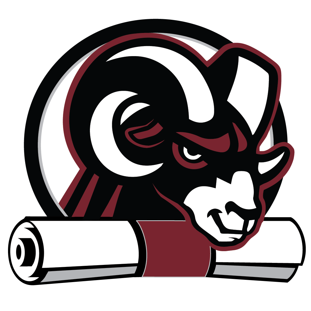 Logo of a ram's head with prominent horns, featuring a scroll beneath it. The colors are black, white, and maroon.