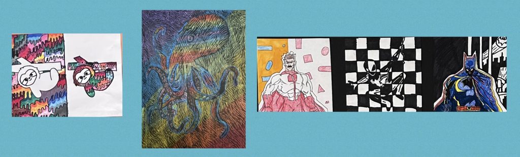Colorful abstract and superhero-themed art pieces on a blue background.